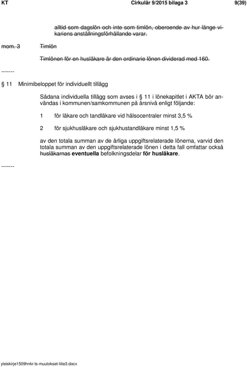 11 Minimibeloppet för individuellt tillägg Sådana individuella tillägg som avses i 11 i lönekapitlet i AKTA bör användas i kommunen/samkommunen på årsnivå enligt följande: 1