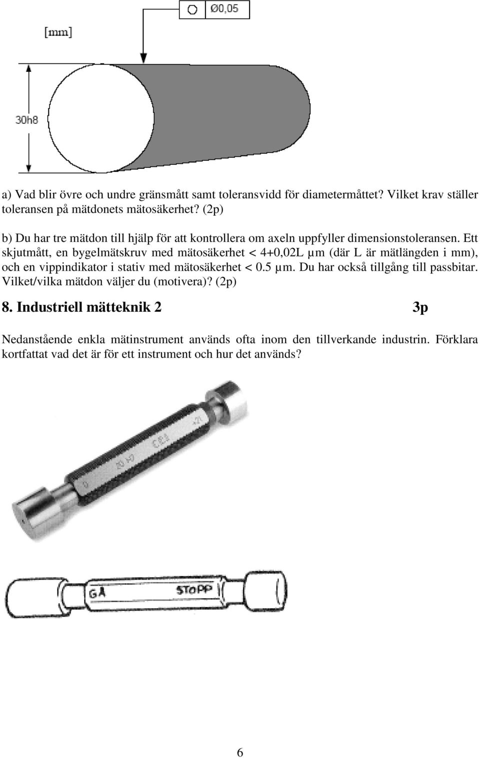 Ett skjutmått, en bygelmätskruv med mätosäkerhet < 4+0,02L µm (där L är mätlängden i mm), och en vippindikator i stativ med mätosäkerhet < 0.5 µm.