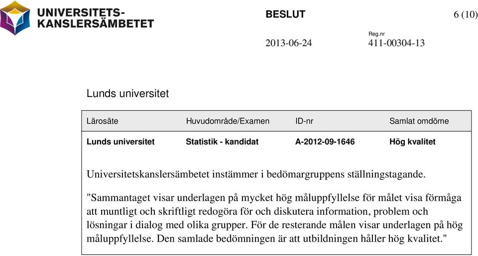 A-2012-09-1646 Hög kvalitet Universitetskanslersämbetet instämmer i bedömargruppens ställningstagande.