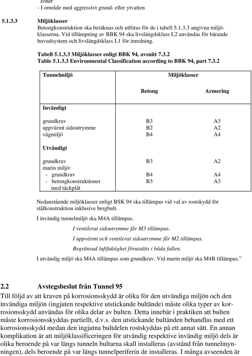 3.2 Tunnelmiljö Miljöklasser Betong Armering Invändigt grundkrav A3 uppvärmt sidoutrymme B2 A2 vägmiljö B4 A4 Utvändigt grundkrav A2 marin miljö: - grundkrav B4 A4 - betongkonstruktioner med täckplåt