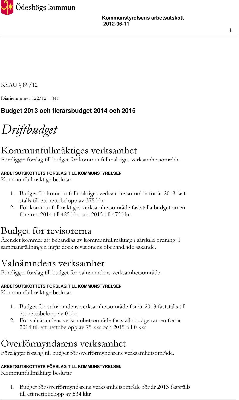 För kommunfullmäktiges verksamhetsområde fastställa budgetramen för åren 2014 till 425 kkr och 2015 till 475 kkr.