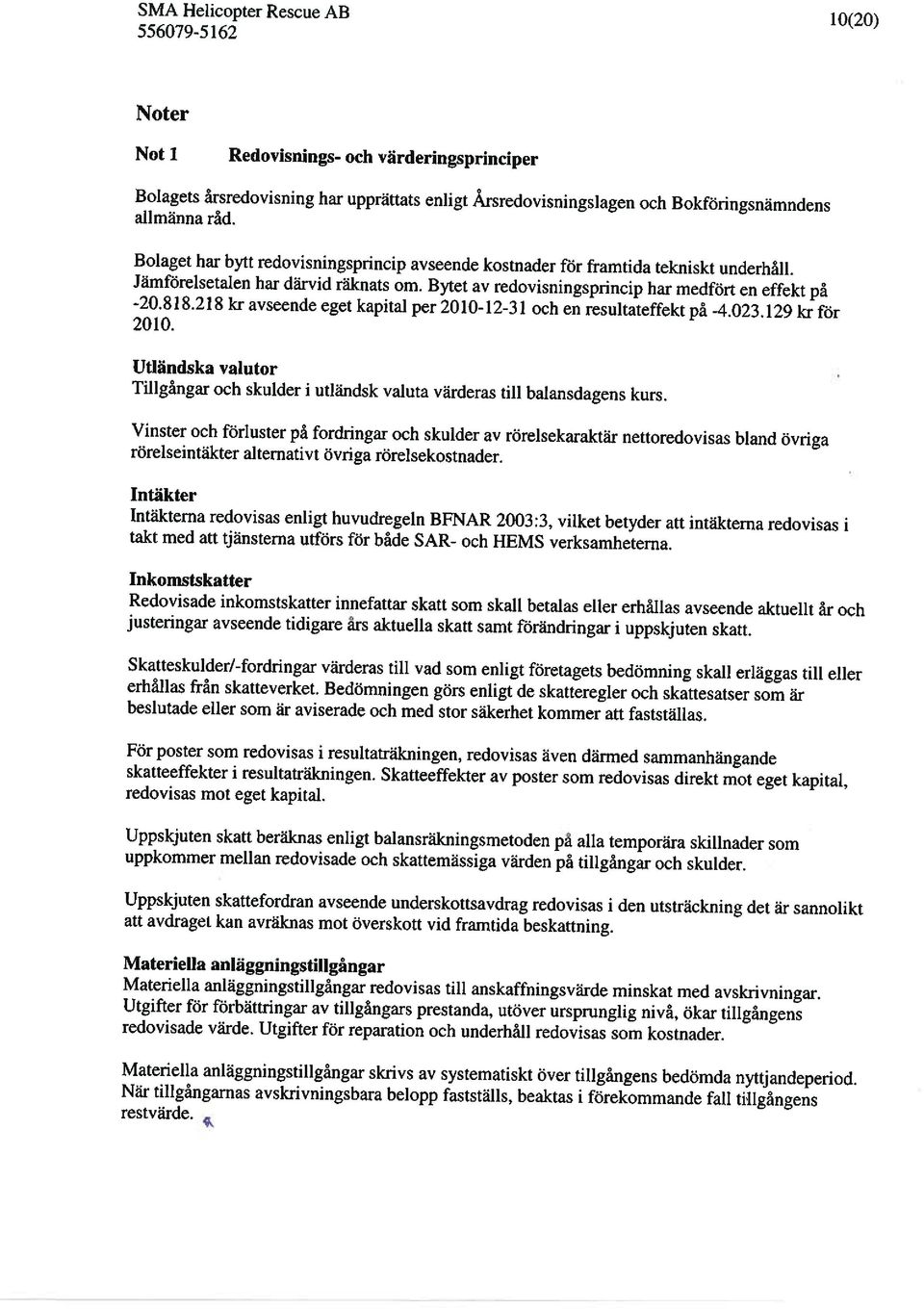 218 kr avseende eget kapital per 2010-12-31 och en resultateffekt på -4.023.129 kr för 2010. Utländska valutor Tillgångar och skulder i utländsk valuta värderas till balansdagens kurs.