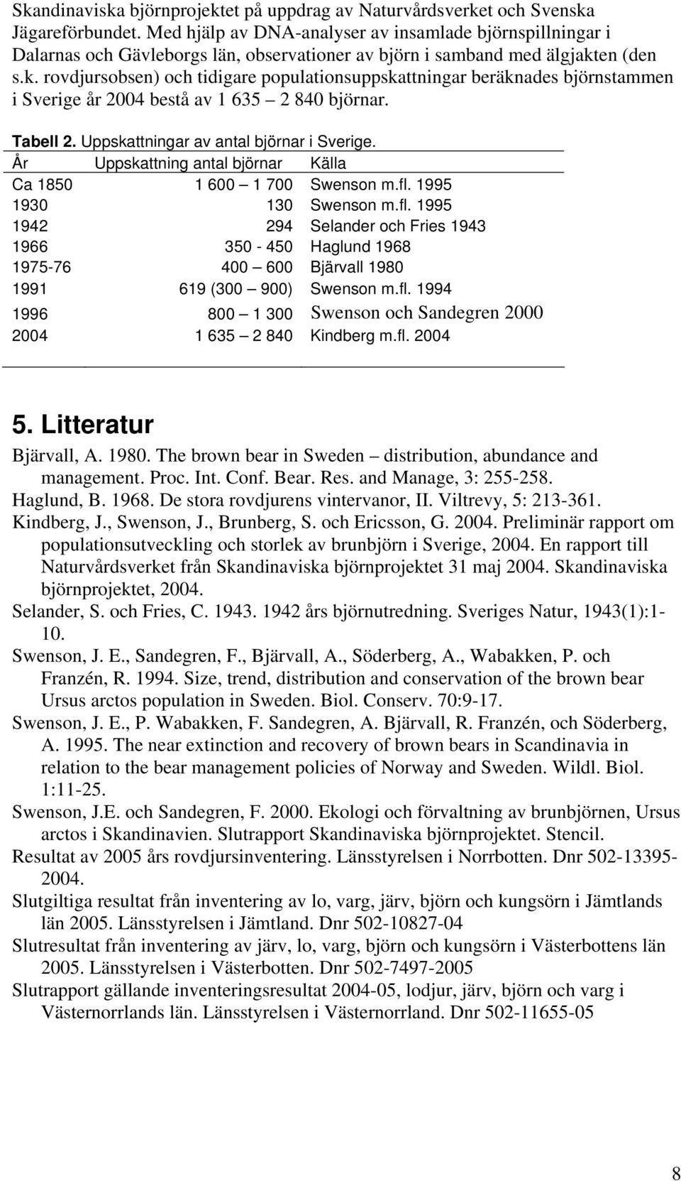 en (den s.k. rovdjursobsen) och tidigare populationsuppskattningar beräknades björnstammen i Sverige år 2004 bestå av 1 635 2 840 björnar. Tabell 2. Uppskattningar av antal björnar i Sverige.