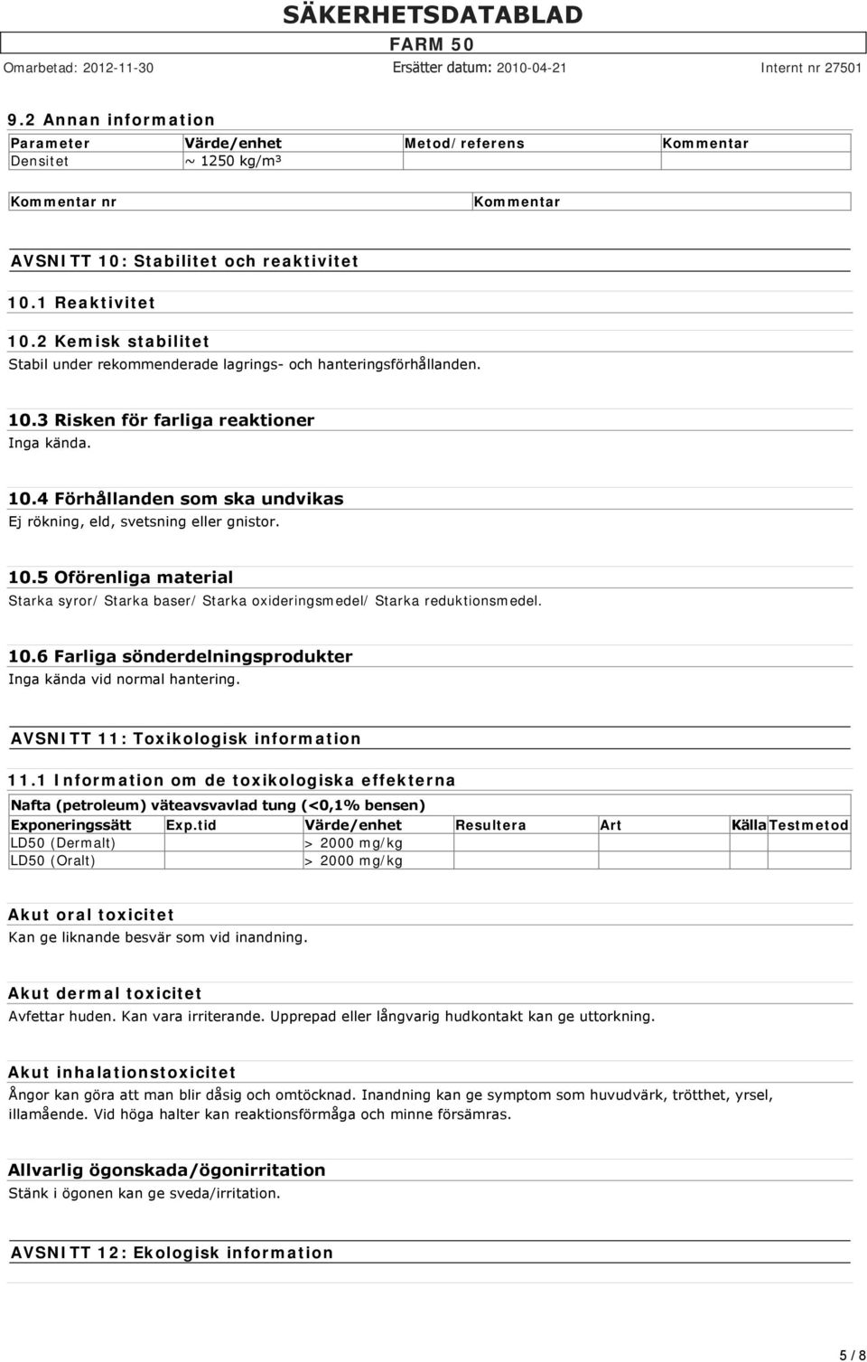 10.5 Oförenliga material Starka syror/ Starka baser/ Starka oxideringsmedel/ Starka reduktionsmedel. 10.6 Farliga sönderdelningsprodukter Inga kända vid normal hantering.