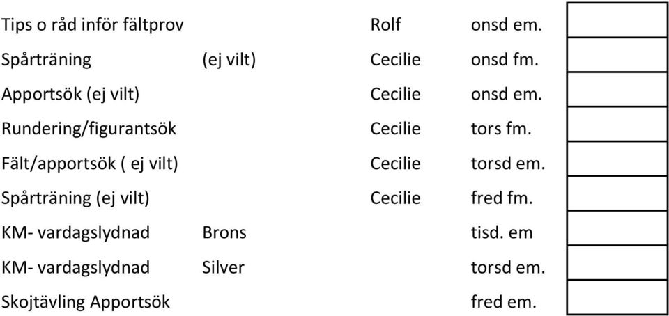Fält/apportsök ( ej vilt) Cecilie torsd em. Spårträning (ej vilt) Cecilie fred fm.