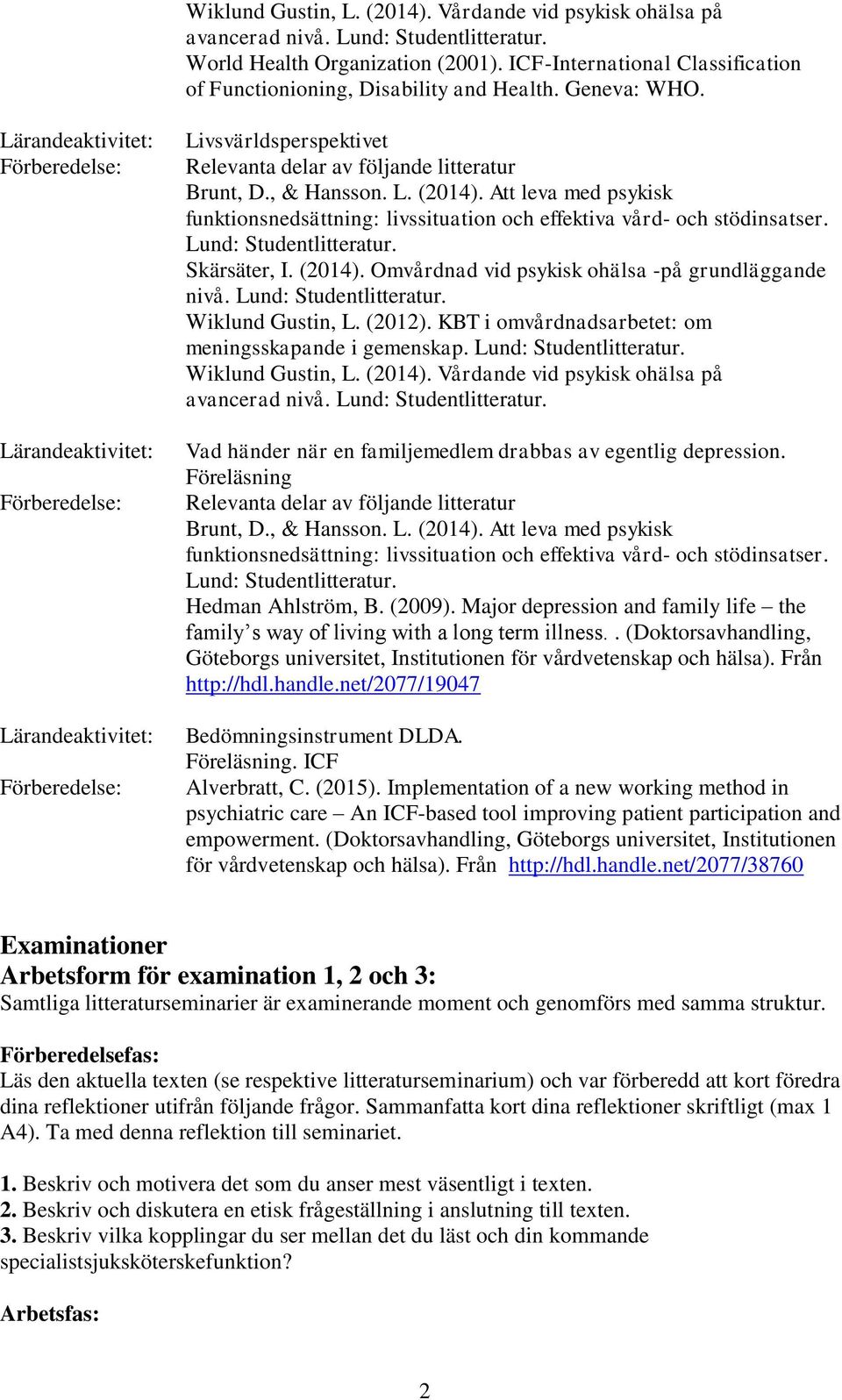 Lärandeaktivitet: Förberedelse: Lärandeaktivitet: Förberedelse: Lärandeaktivitet: Förberedelse: Livsvärldsperspektivet Relevanta delar av följande litteratur Brunt, D., & Hansson. L. (2014).