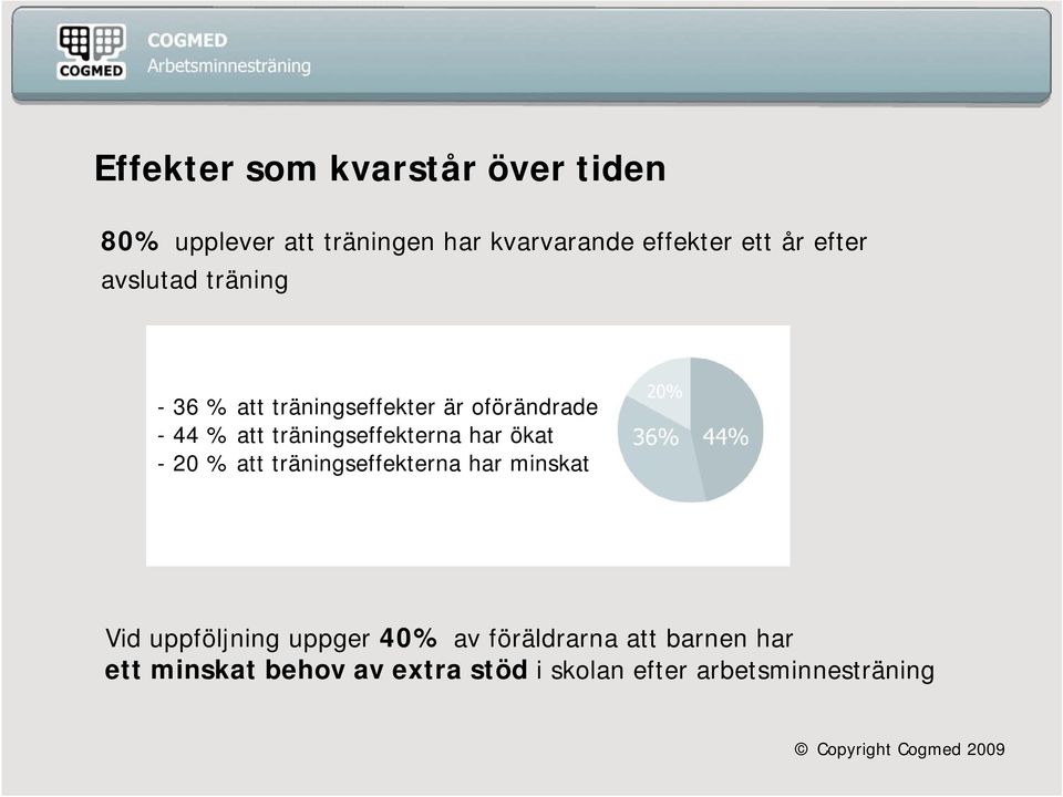 träningseffekterna har ökat - 20 % att träningseffekterna har minskat Vid uppföljning