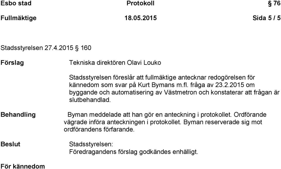 Bymans m.fl. fråga av 23.2.2015 om byggande och automatisering av Västmetron och konstaterar att frågan är slutbehandlad.