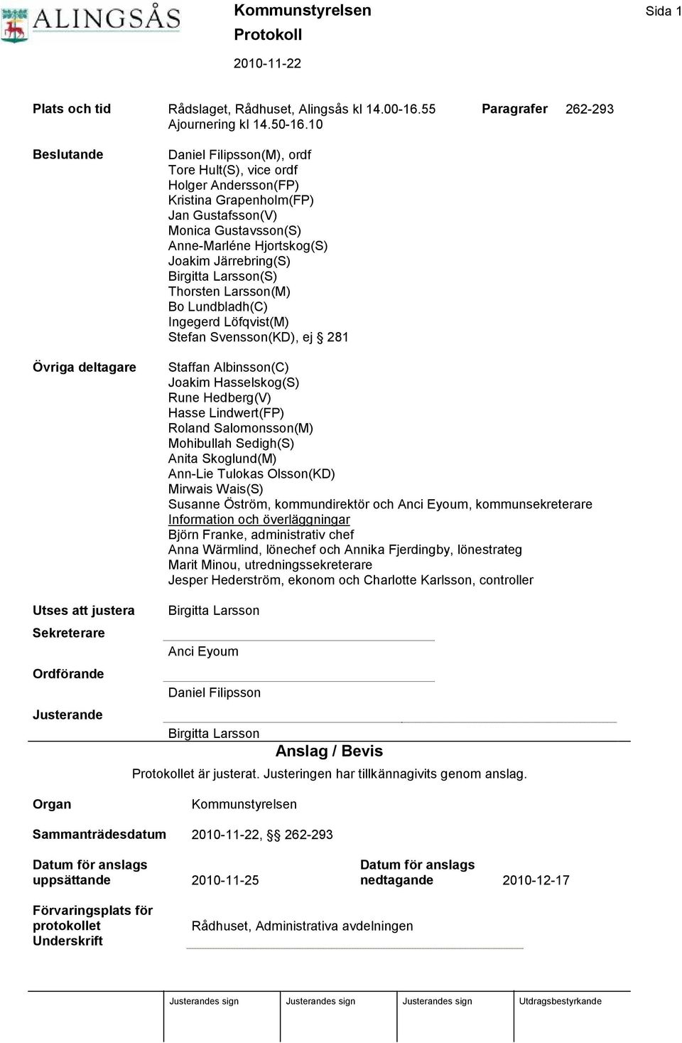 Hjortskog(S) Joakim Jä rrebring(s) Birgitta Larsson(S) Thorsten Larsson(M) Bo Lundbladh(C) Ingegerd Löfqvist(M) Stefan Svensson(KD), ej 281 Staffan Albinsson(C) Joakim Hasselskog(S) Rune Hedberg(V)
