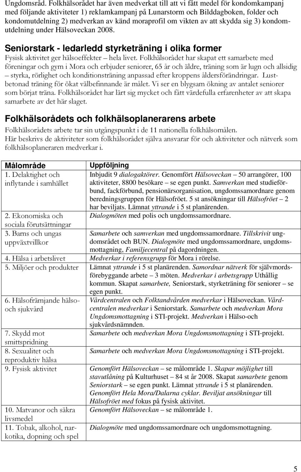 moraprofil om vikten av att skydda sig 3) kondomutdelning under Hälsoveckan 2008. Seniorstark - ledarledd styrketräning i olika former Fysisk aktivitet ger hälsoeffekter hela livet.