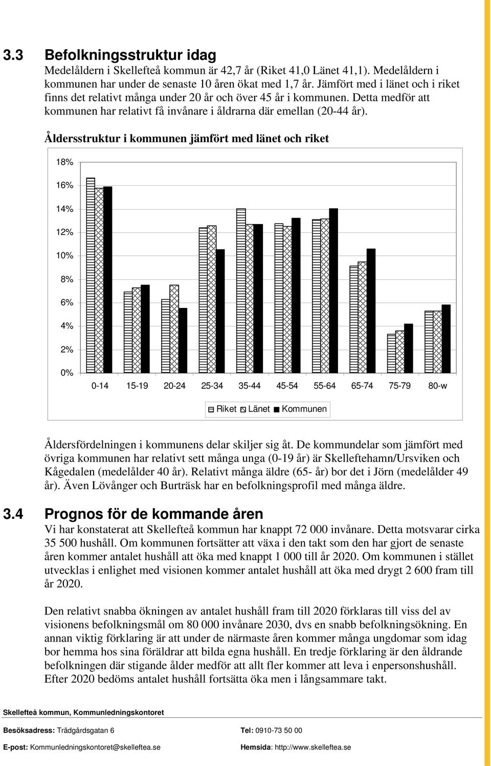 Åldersstruktur i kommunen jämfört med länet och riket 18% 16% 14% 12% 10% 8% 6% 4% 2% 0% 0-14 15-19 20-24 25-34 35-44 45-54 55-64 65-74 75-79 80-w Riket Länet Kommunen Åldersfördelningen i kommunens