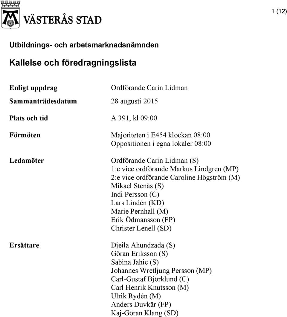 Caroline Högström (M) Mikael Stenås (S) Indi Persson (C) Lars Lindén (KD) Marie Pernhall (M) Erik Ödmansson (FP) Christer Lenell (SD) Djeila Ahundzada (S) Göran