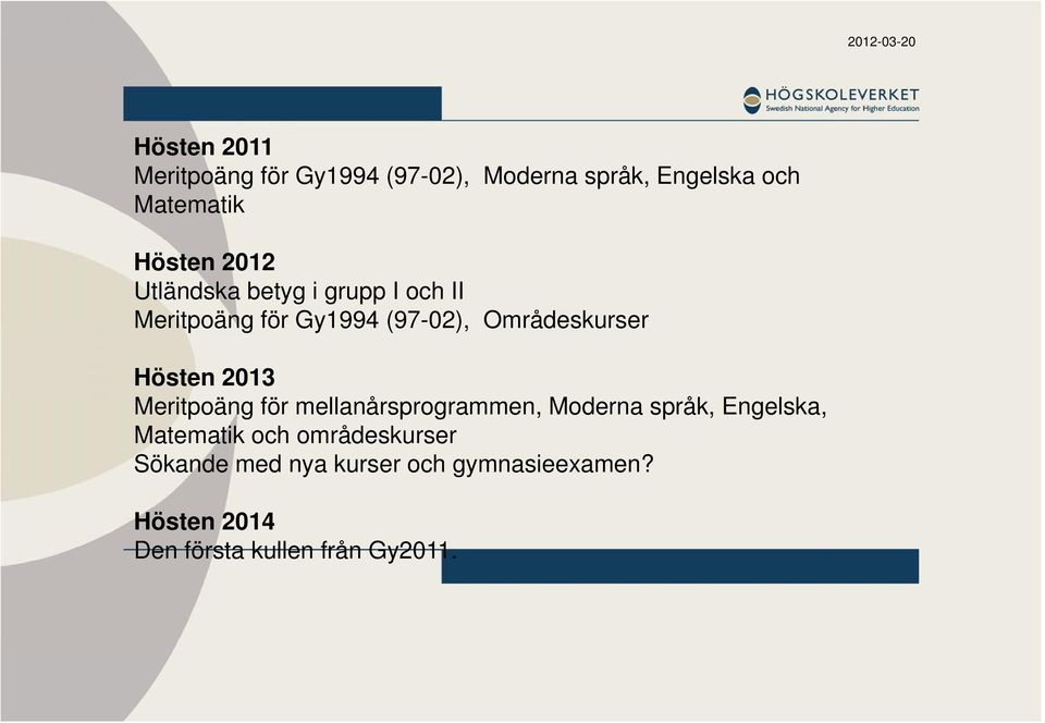 2013 Meritpoäng för mellanårsprogrammen, Moderna språk, Engelska, Matematik och