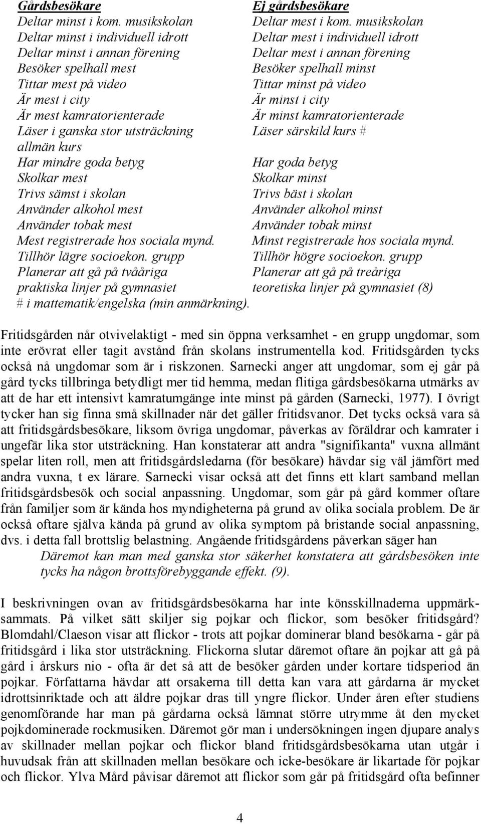 video Tittar minst på video Är mest i city Är minst i city Är mest kamratorienterade Är minst kamratorienterade Läser i ganska stor utsträckning Läser särskild kurs # allmän kurs Har mindre goda