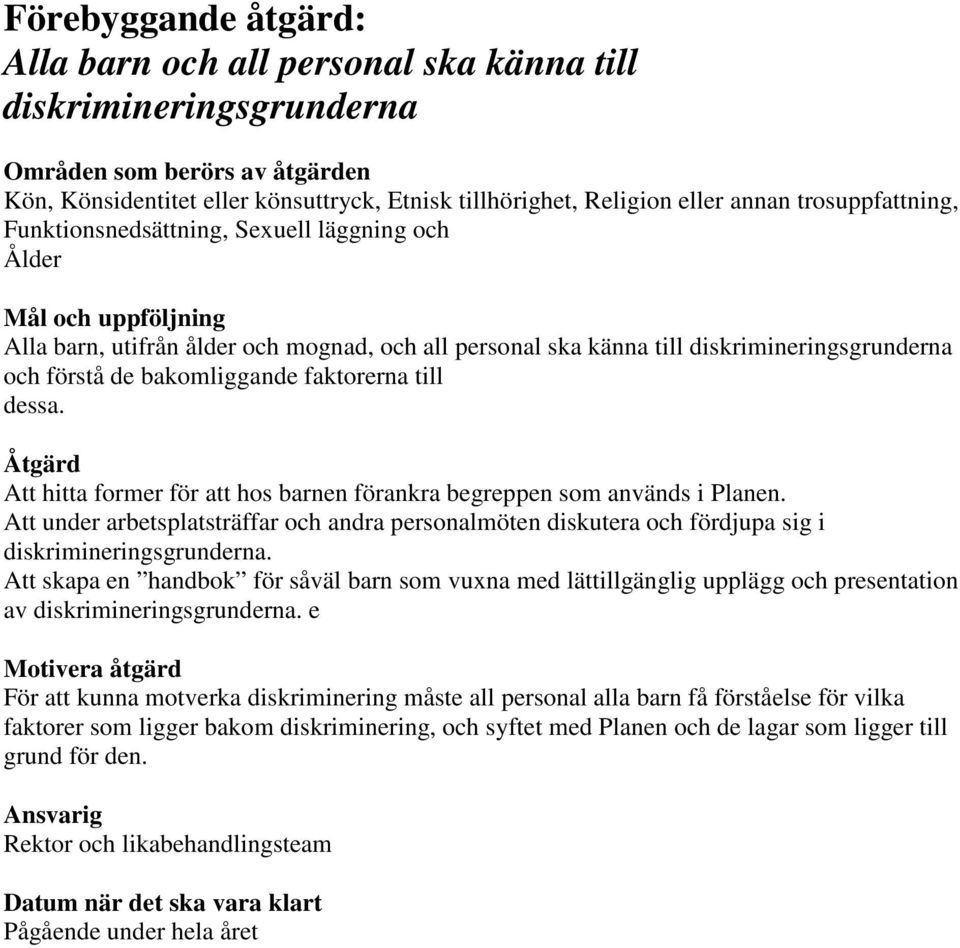 bakomliggande faktorerna till dessa. Åtgärd Att hitta former för att hos barnen förankra begreppen som används i Planen.