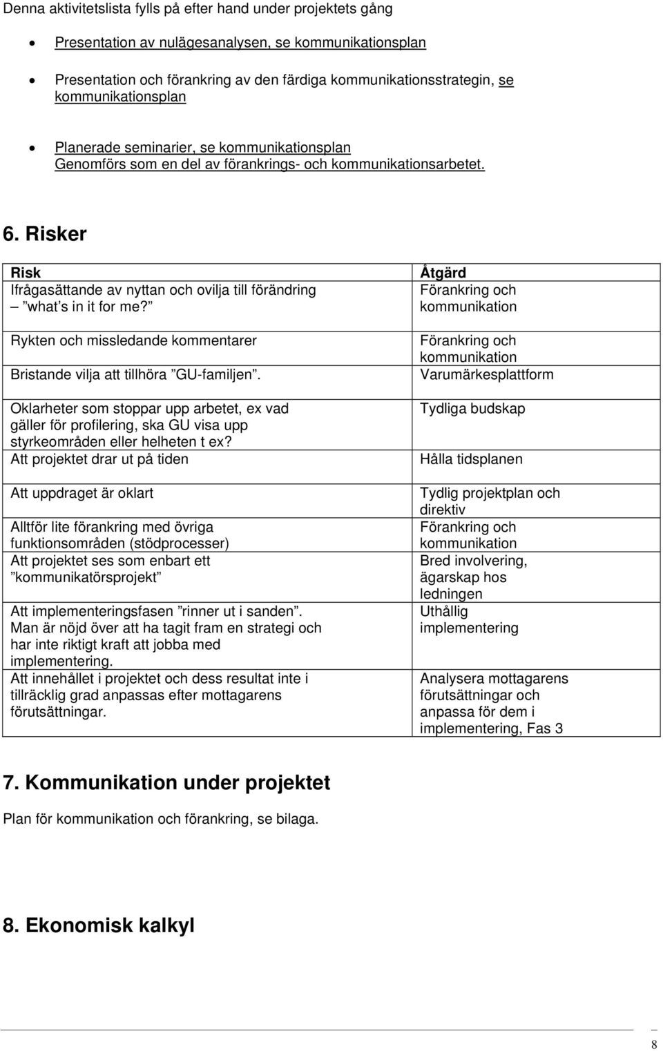 Risker Risk Ifrågasättande av nyttan och ovilja till förändring what s in it for me? Rykten och missledande kommentarer Bristande vilja att tillhöra GU-familjen.