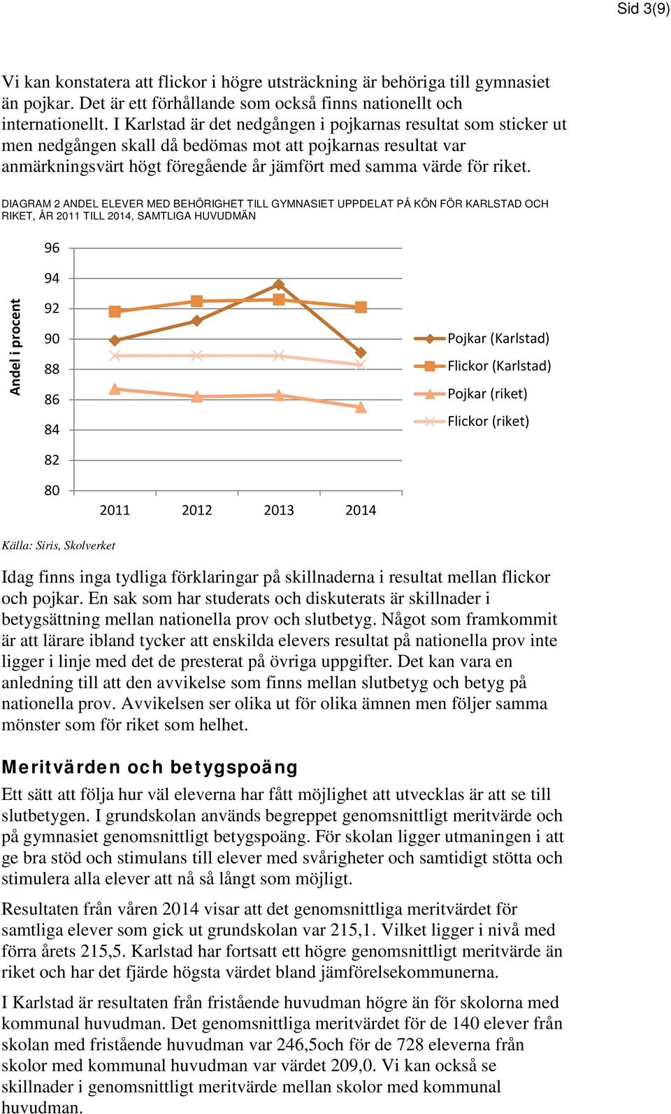 DIAGRAM 2 ANDEL ELEVER MED BEHÖRIGHET TILL GYMNASIET UPPDELAT PÅ KÖN FÖR KARLSTAD OCH RIKET, ÅR 211 TILL 214, SAMTLIGA HUVUDMÄN 96 94 92 9 88 86 84 82 Pojkar (Karlstad) Flickor (Karlstad) Pojkar