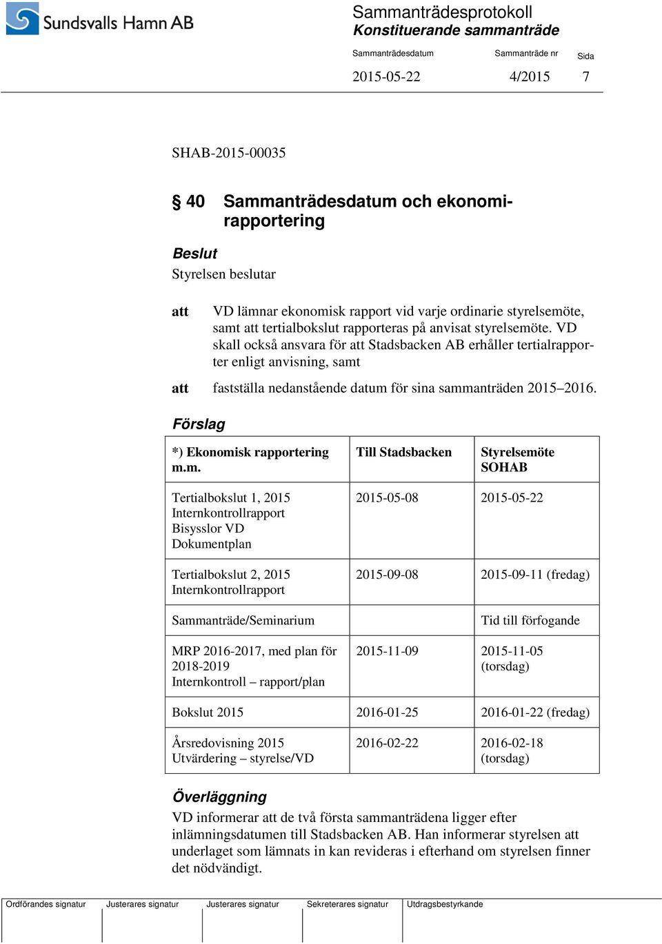 fastställa nedanstående datum 