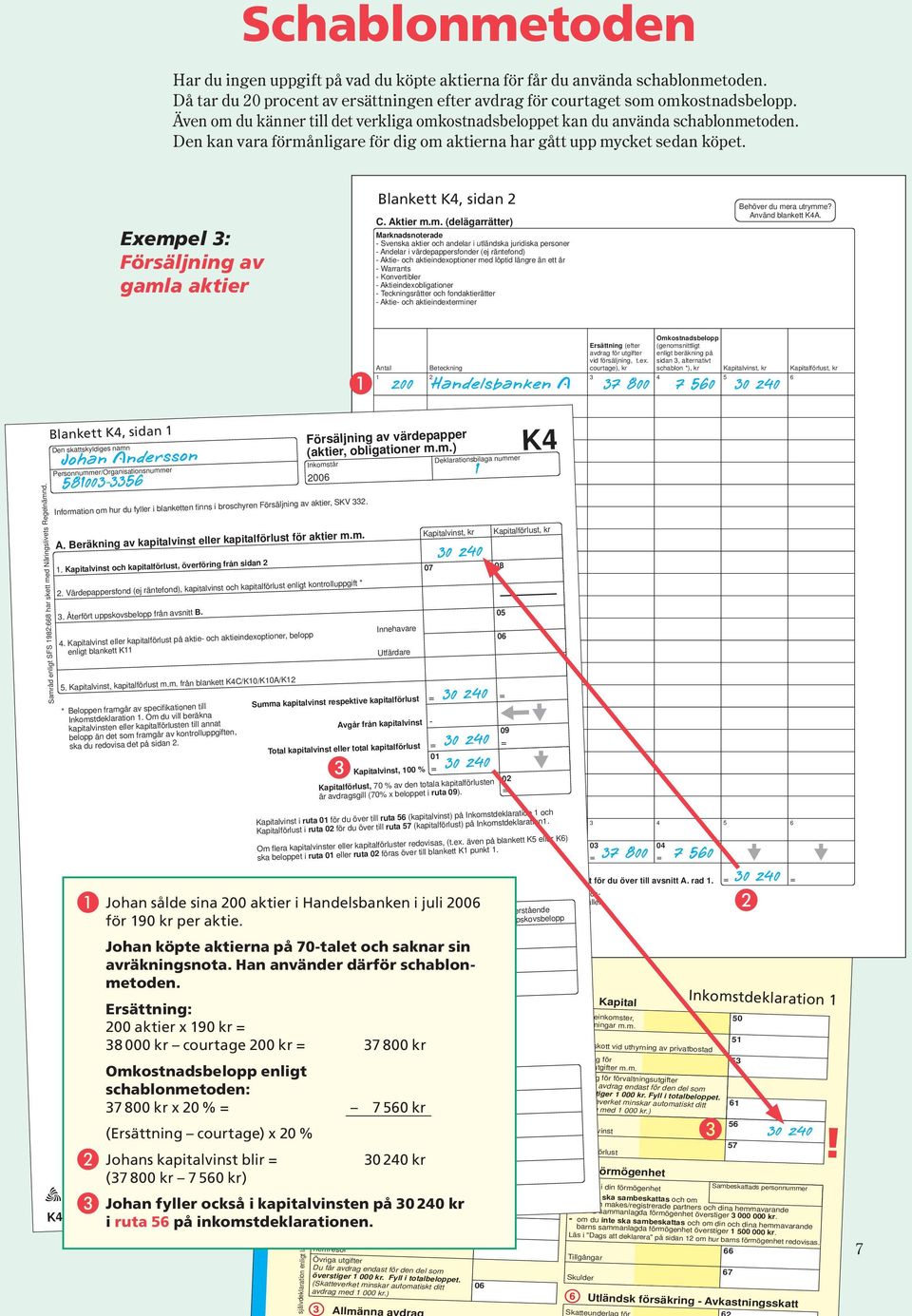 Exempel 3: Försäljning av gamla aktier Blankett, sidan C. Aktier m.m. (delägarrätter) Marknadsnoterade Svenska aktier och andelar i utländska juridiska personer Andelar i värdepappersfonder (ej