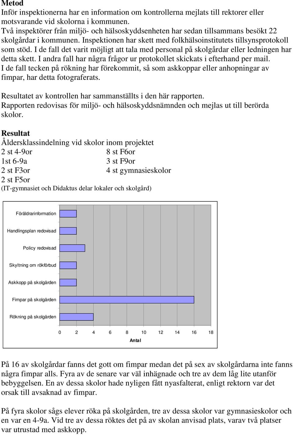 I de fall det varit möjligt att tala med personal på skolgårdar eller ledningen har detta skett. I andra fall har några frågor ur protokollet skickats i efterhand per mail.