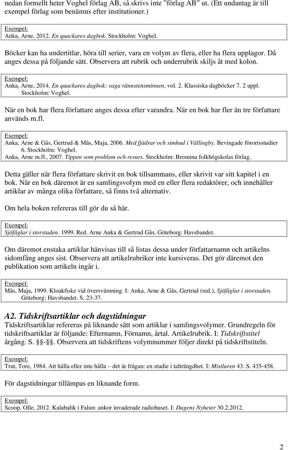 Anka, Arne, 2014. En quackares dagbok: vaga rännstensminnen, vol. 2. Klassiska dagböcker 7. 2 uppl. Stockholm: Voghel. När en bok har flera författare anges dessa efter varandra.