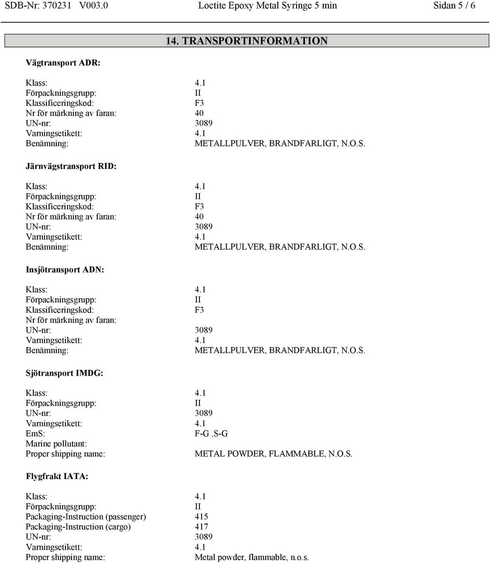 1 Förpackningsgrupp: II Klassificeringskod: F3 Nr för märkning av faran: 40 UN-nr: 3089 Varningsetikett: 4.1 Benämning: METALLPULVER, BRANDFARLIGT, N.O.S. Insjötransport ADN: Klass: 4.