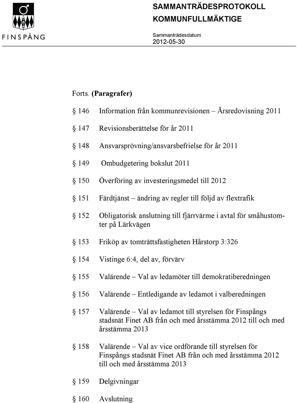 Överföring av investeringsmedel till 2012 151 Färdtjänst ändring av regler till följd av flextrafik 152 Obligatorisk anslutning till fjärrvärme i avtal för småhustomter på Lärkvägen 153 Friköp av