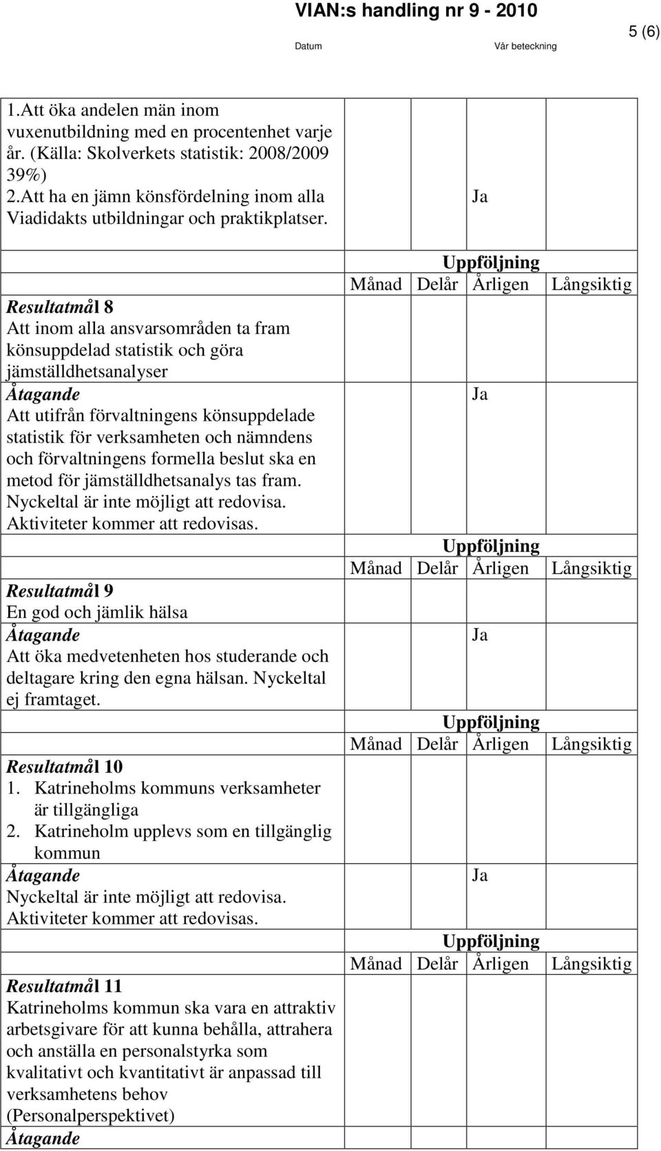 Resultatmål 8 Att inom alla ansvarsområden ta fram könsuppdelad statistik och göra jämställdhetsanalyser Att utifrån förvaltningens könsuppdelade statistik för verksamheten och nämndens och