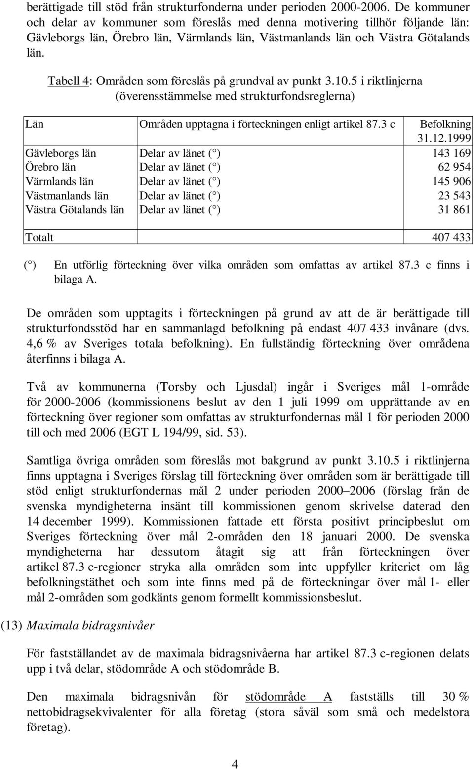 Tabell 4: Områden som föreslås på grundval av punkt 3.10.5 i riktlinjerna (överensstämmelse med strukturfondsreglerna) Län Områden upptagna i förteckningen enligt artikel 87.