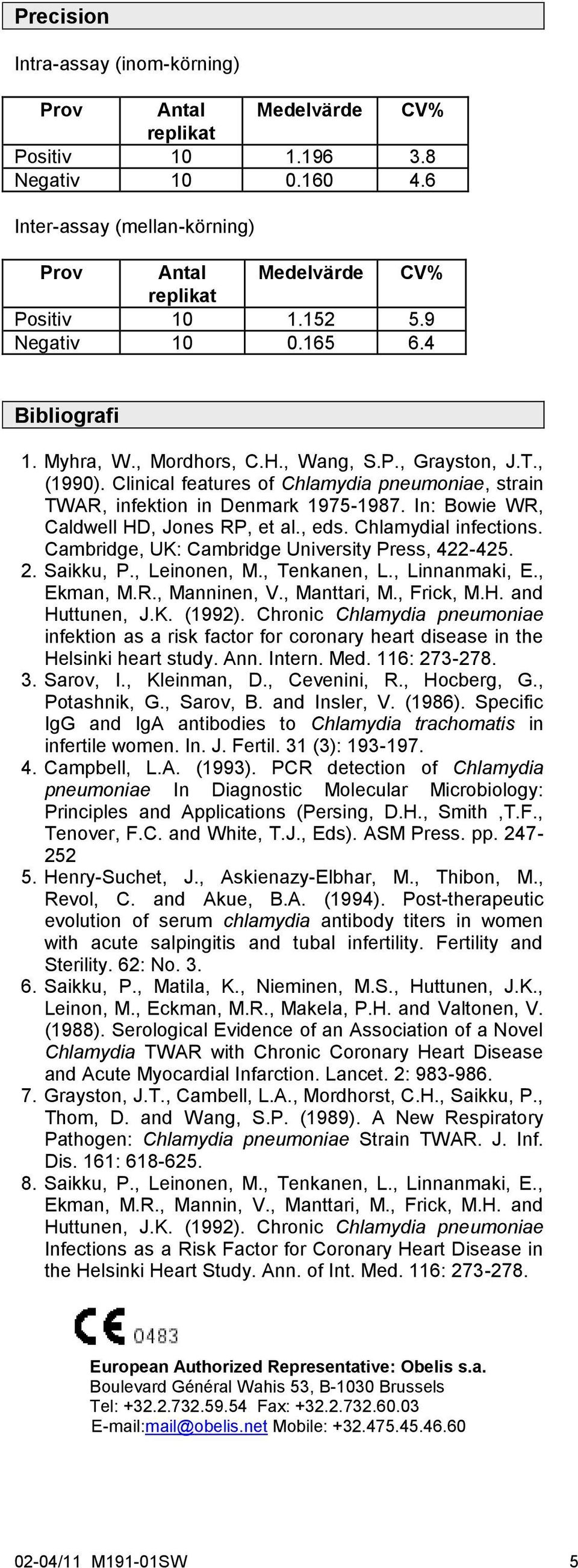 In: Bowie WR, Caldwell HD, Jones RP, et al., eds. Chlamydial infections. Cambridge, UK: Cambridge University Press, 422-425. 2. Saikku, P., Leinonen, M., Tenkanen, L., Linnanmaki, E., Ekman, M.R., Manninen, V.