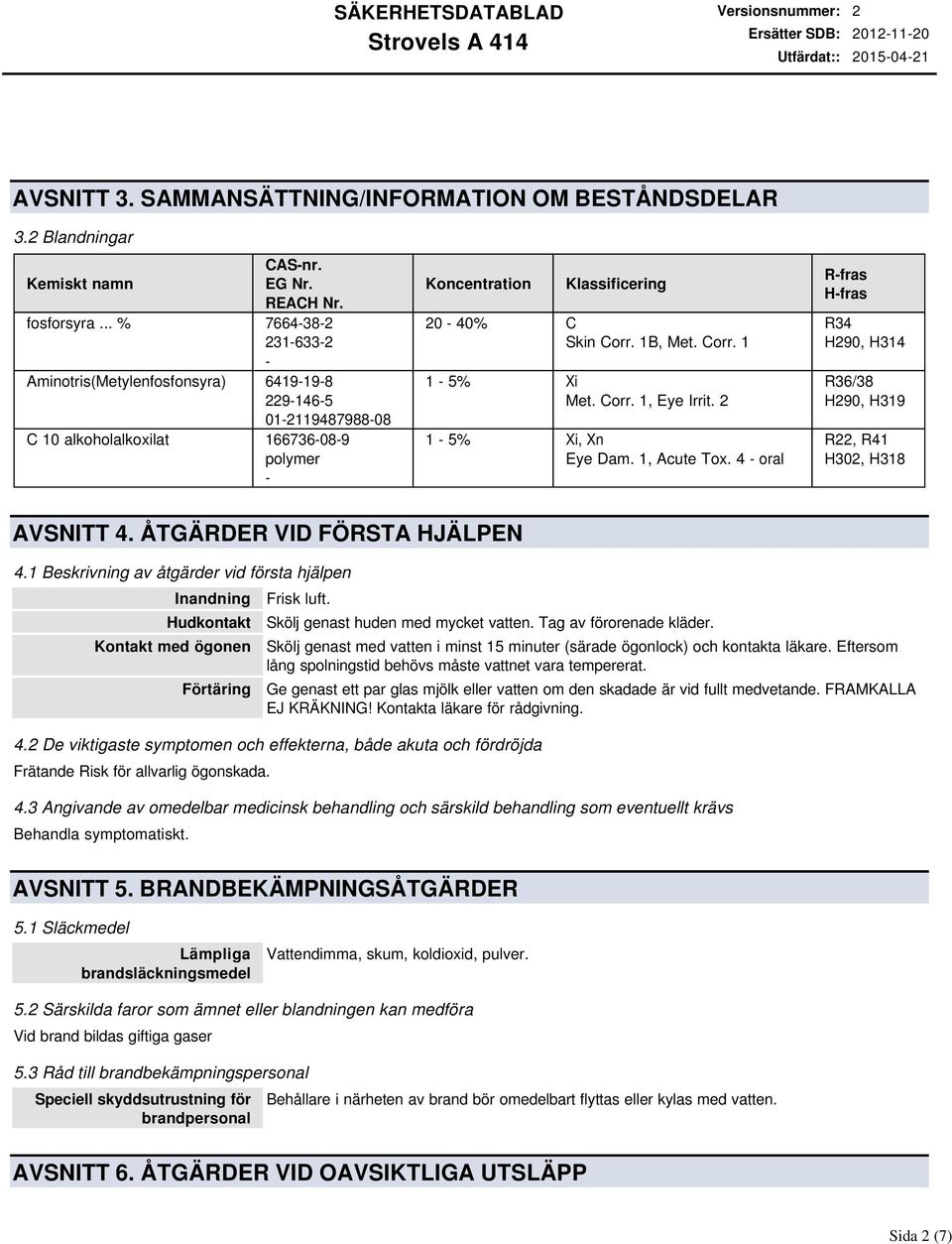 Corr. 1, Eye Irrit. 2 1-5% Xi, Xn Eye Dam. 1, Acute Tox. 4 - oral R-fras H-fras R34 H290, H314 R36/38 H290, H319 R22, R41 H302, H318 AVSNITT 4. ÅTGÄRDER VID FÖRSTA HJÄLPEN 4.