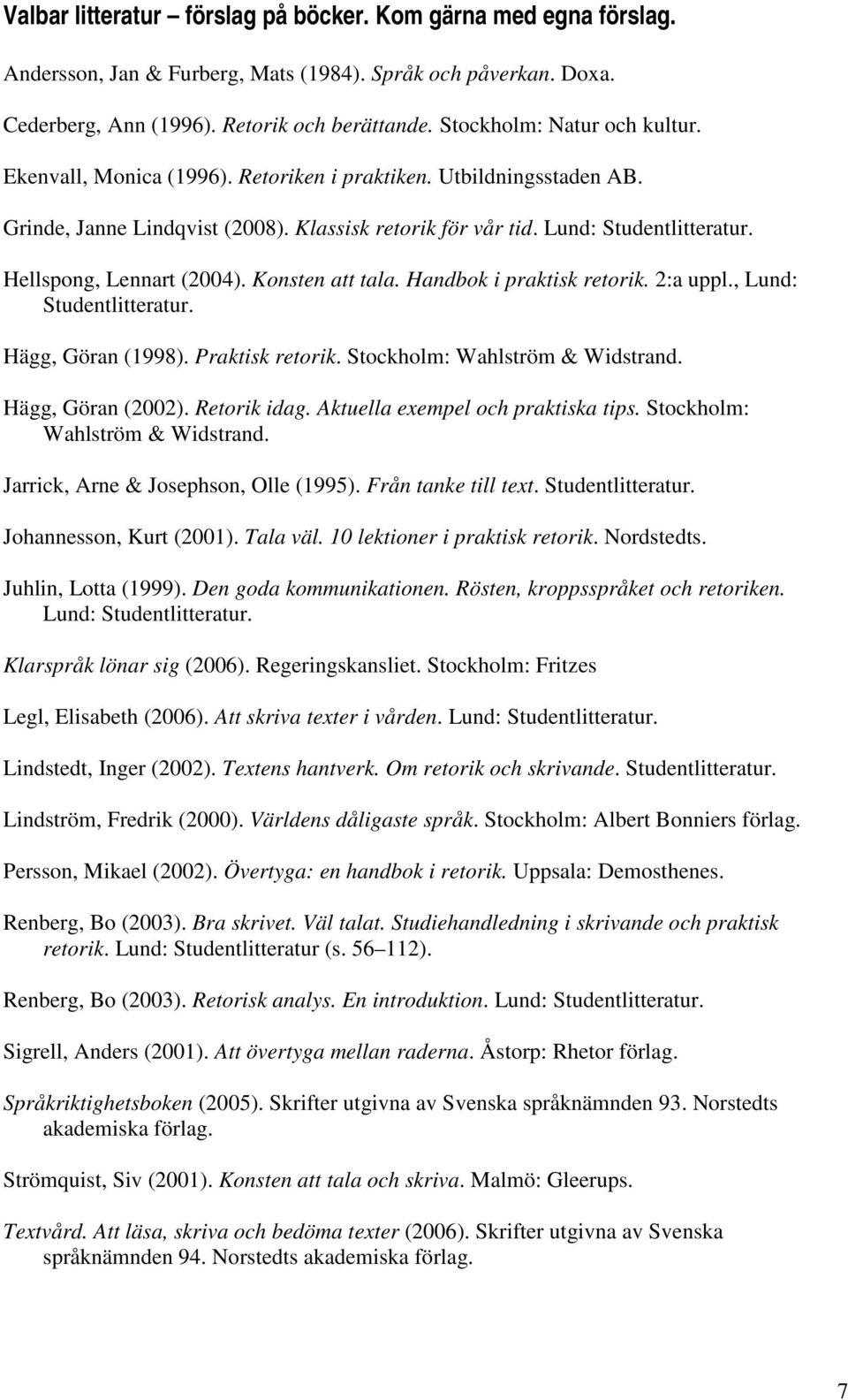 Hellspong, Lennart (2004). Konsten att tala. Handbok i praktisk retorik. 2:a uppl., Lund: Studentlitteratur. Hägg, Göran (1998). Praktisk retorik. Stockholm: Wahlström & Widstrand. Hägg, Göran (2002).