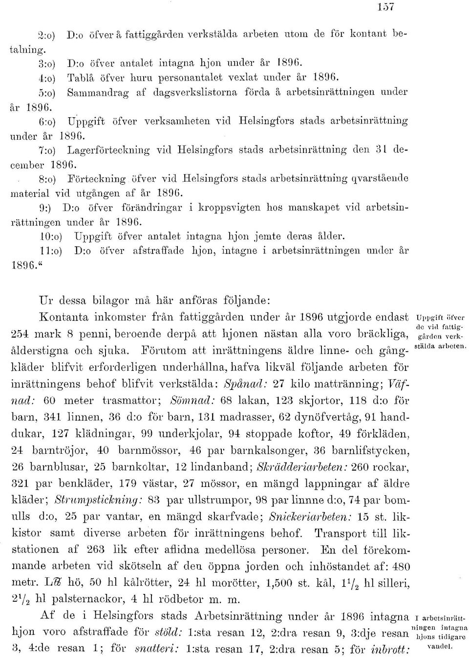 7:o) Lagerförteckning vid Helsingfors stads arbetsinrättning den 31 december 1896.