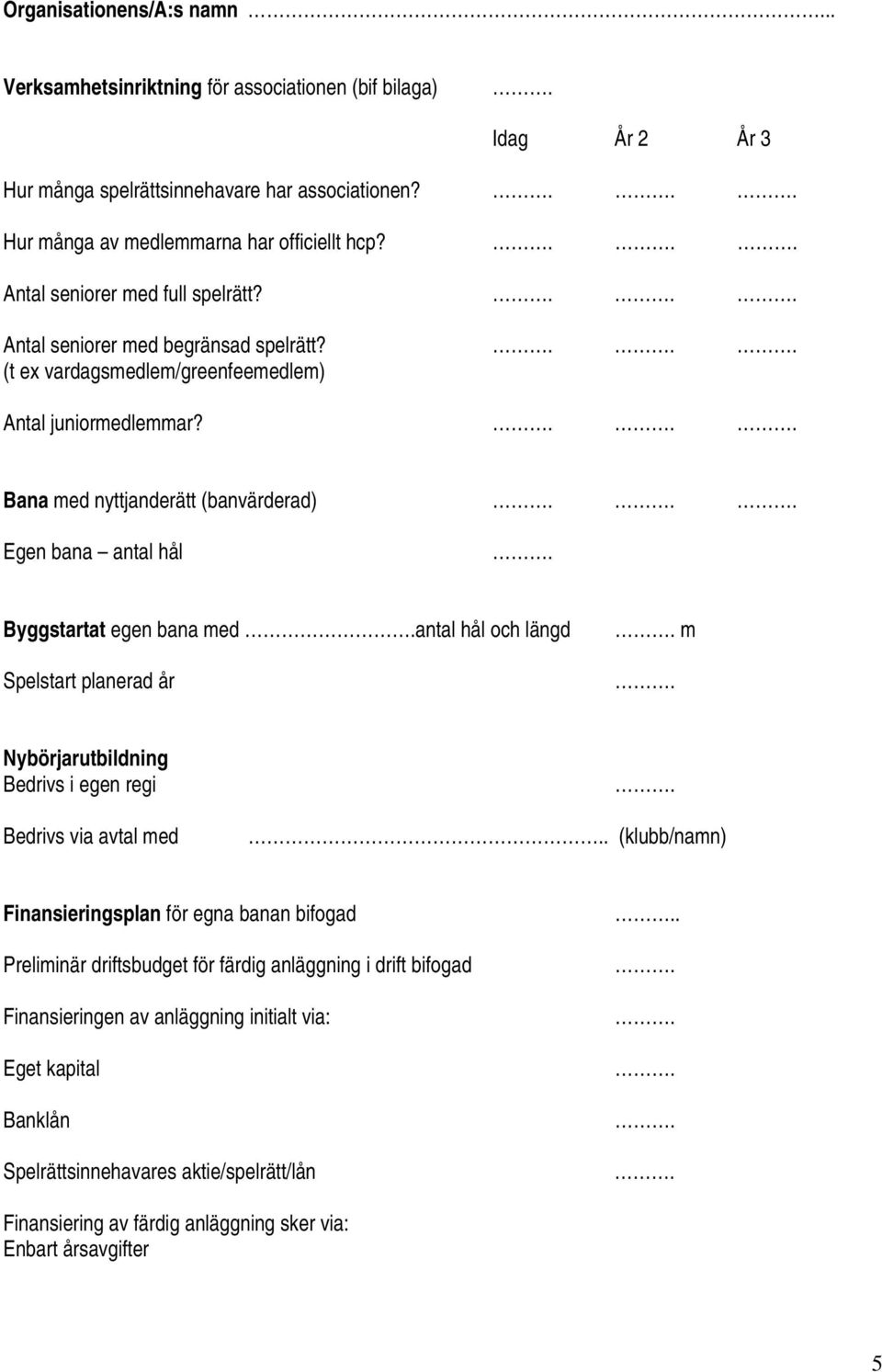 Bana med nyttjanderätt (banvärderad) Egen bana antal hål Byggstartat egen bana med antal hål och längd Spelstart planerad år m Nybörjarutbildning Bedrivs i egen regi Bedrivs via avtal med.