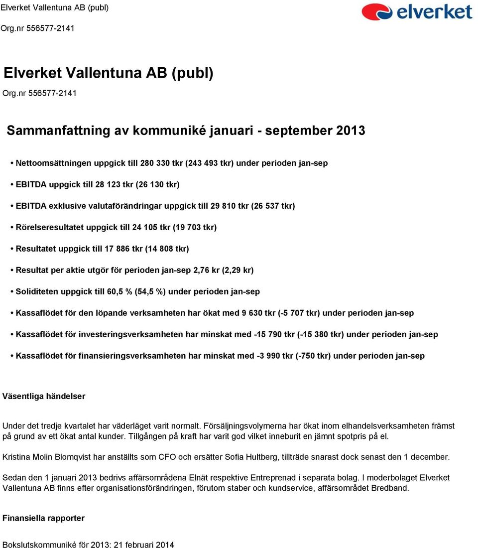 aktie utgör för perioden jan-sep 2,76 kr (2,29 kr) Soliditeten uppgick till 60,5 % (54,5 %) under perioden jan-sep Kassaflödet för den löpande verksamheten har ökat med 9 630 tkr (-5 707 tkr) under