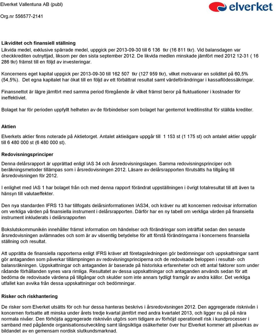 Koncernens eget kapital uppgick per 2013-09-30 till 162 507 tkr (127 959 tkr), vilket motsvarar en soliditet på 60,5% (54,5%).