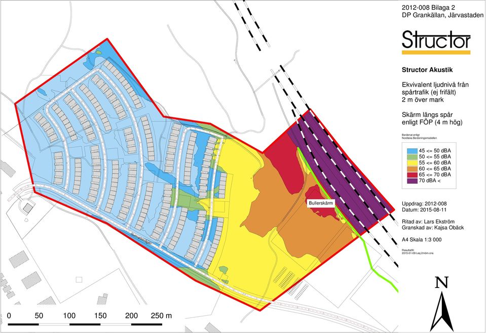 Beräkningsmodellen 45 <= 50 dba 50 <= 55 dba 55 <= 60 dba 60 <= 65 dba 65 <= 70 dba 70 dba < Bullerskärm Uppdrag: 2012-008 Datum:
