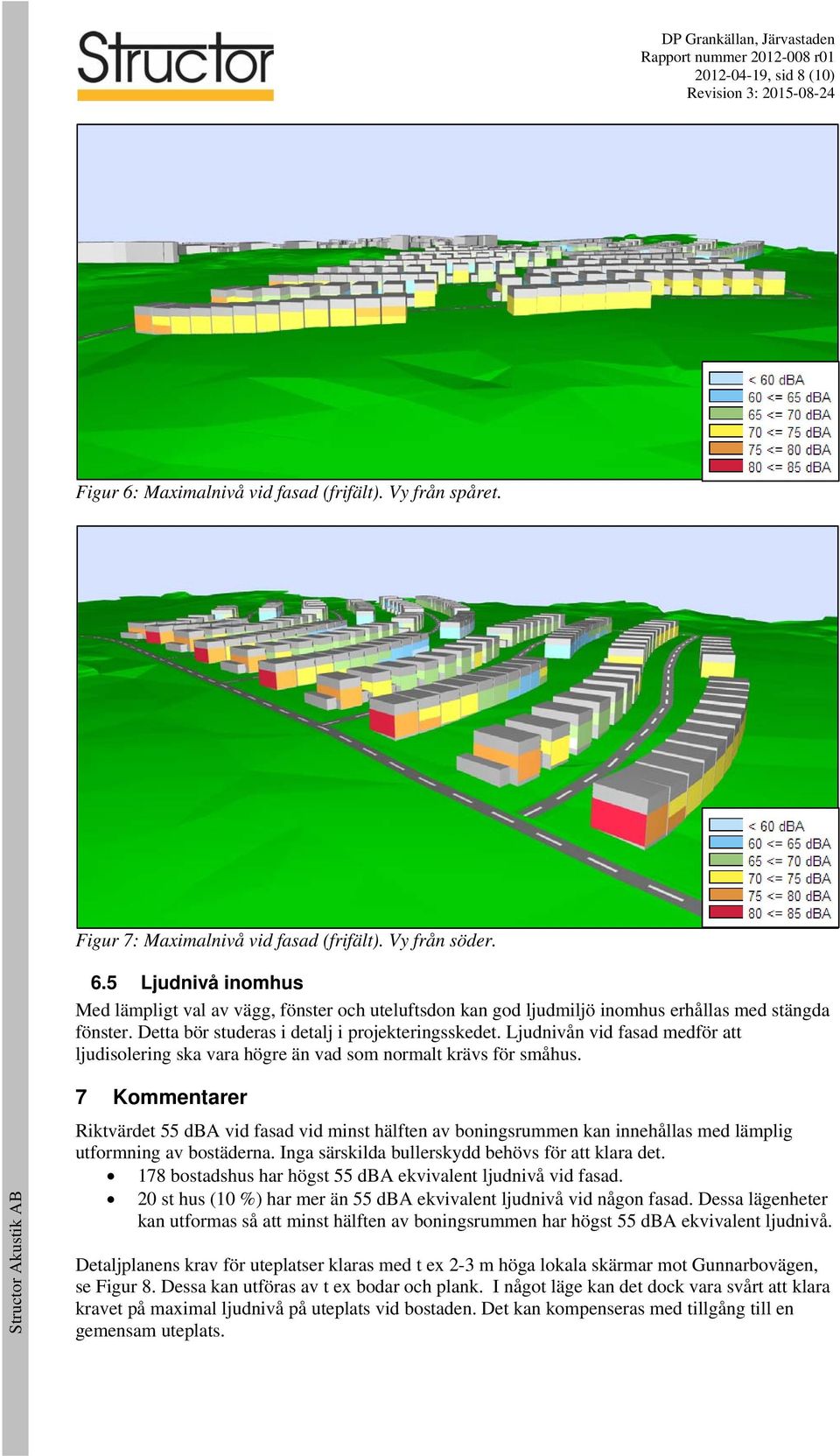 7 Kommentarer Riktvärdet 55 dba vid fasad vid minst hälften av boningsrummen kan innehållas med lämplig utformning av bostäderna. Inga särskilda bullerskydd behövs för att klara det.