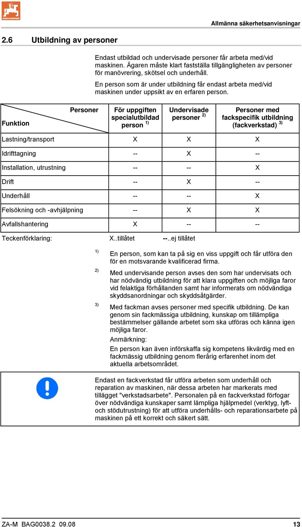 En person som är under utbildning får endast arbeta med/vid maskinen under uppsikt av en erfaren person.