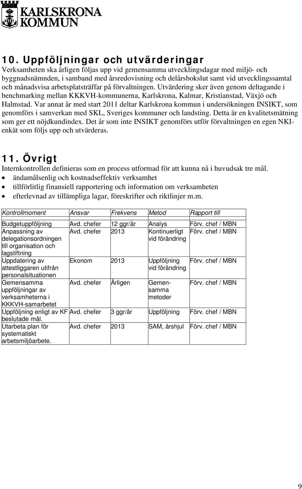 Utvärdering sker även genom deltagande i benchmarking mellan KKKVH-kommunerna, Karlskrona, Kalmar, Kristianstad, Växjö och Halmstad.