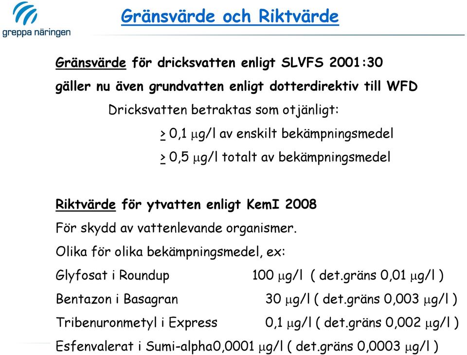 skydd av vattenlevande organismer. Olika för olika bekämpningsmedel, ex: Glyfosat i Roundup 100 µg/l ( det.