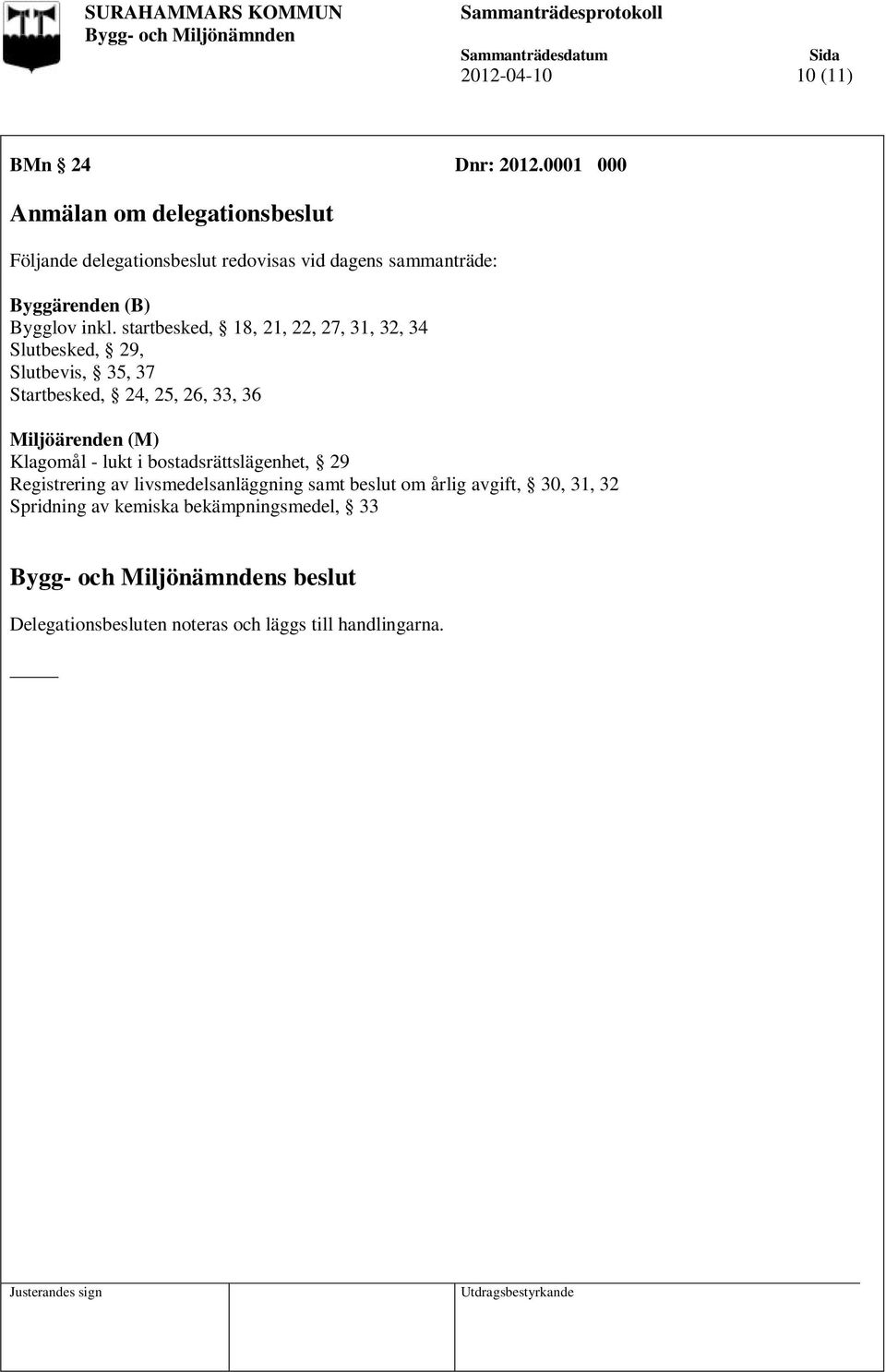 startbesked, 18, 21, 22, 27, 31, 32, 34 Slutbesked, 29, Slutbevis, 35, 37 Startbesked, 24, 25, 26, 33, 36 Miljöärenden (M)