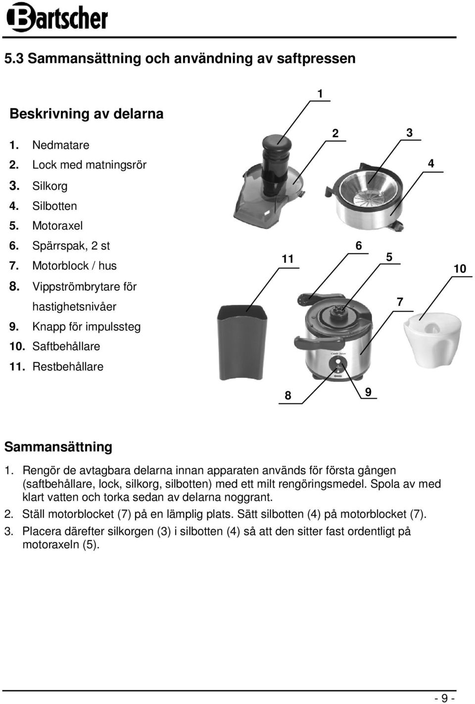 Rengör de avtagbara delarna innan apparaten används för första gången (saftbehållare, lock, silkorg, silbotten) med ett milt rengöringsmedel.