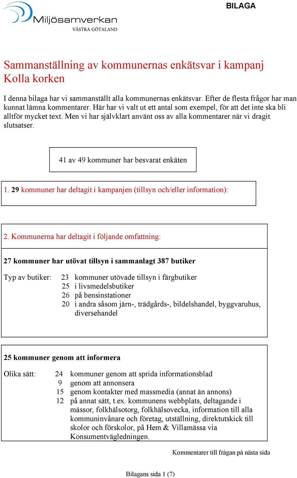 41 av 49 kommuner har besvarat enkäten 1. 29 kommuner har deltagit i kampanjen (tillsyn och/eller information): 2.