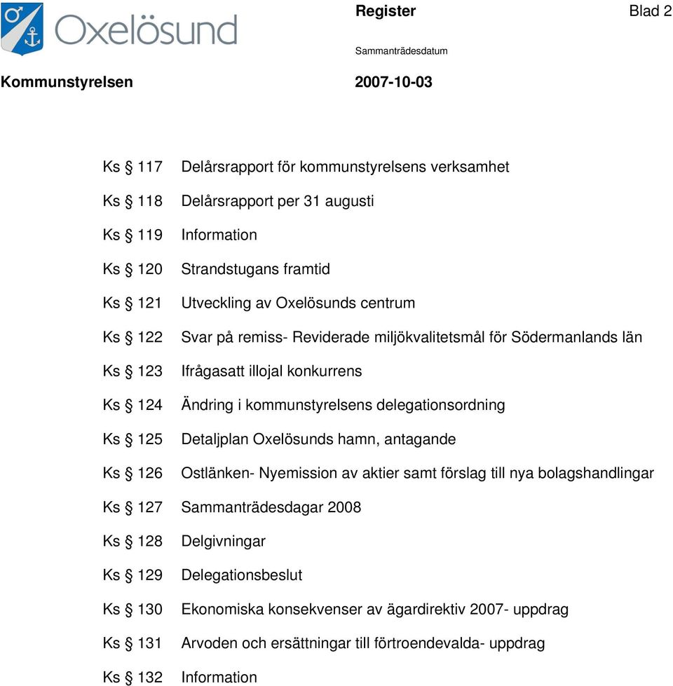 kommunstyrelsens delegationsordning Detaljplan Oxelösunds hamn, antagande Ostlänken- Nyemission av aktier samt förslag till nya bolagshandlingar Ks 127 Sammanträdesdagar