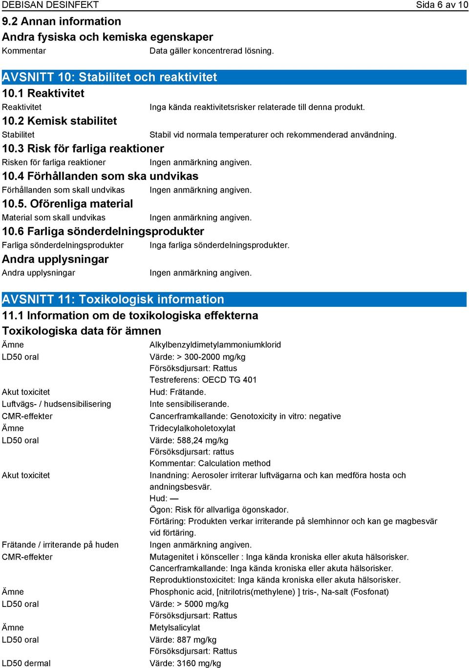 Oförenliga material Material som skall undvikas 10.6 Farliga sönderdelningsprodukter Farliga sönderdelningsprodukter Inga farliga sönderdelningsprodukter.