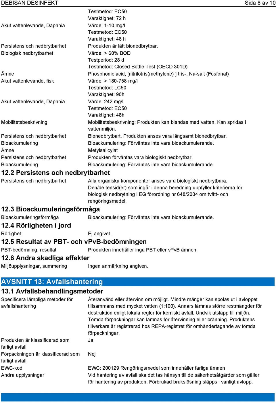 2 Persistens och nedbrytbarhet Persistens och nedbrytbarhet Testmetod: EC50 Varaktighet: 72 h Värde: 1-10 mg/l Testmetod: EC50 Varaktighet: 48 h Produkten är lätt bionedbrytbar.