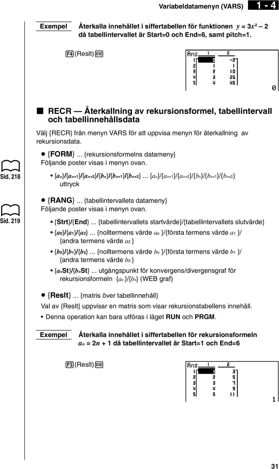 .. {rekursionsformelns datameny} Följande poster visas i menyn ovan. Sid. 218 Sid. 219 {an}/{an+1}/{an+2}/{bn}/{bn+1}/{bn+2}... {an}/{an+1}/{an+2}/{bn}/{bn+1}/{bn+2} uttryck u {RANG}.