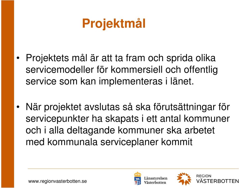 När projektet avslutas så ska förutsättningar för servicepunkter ha skapats i