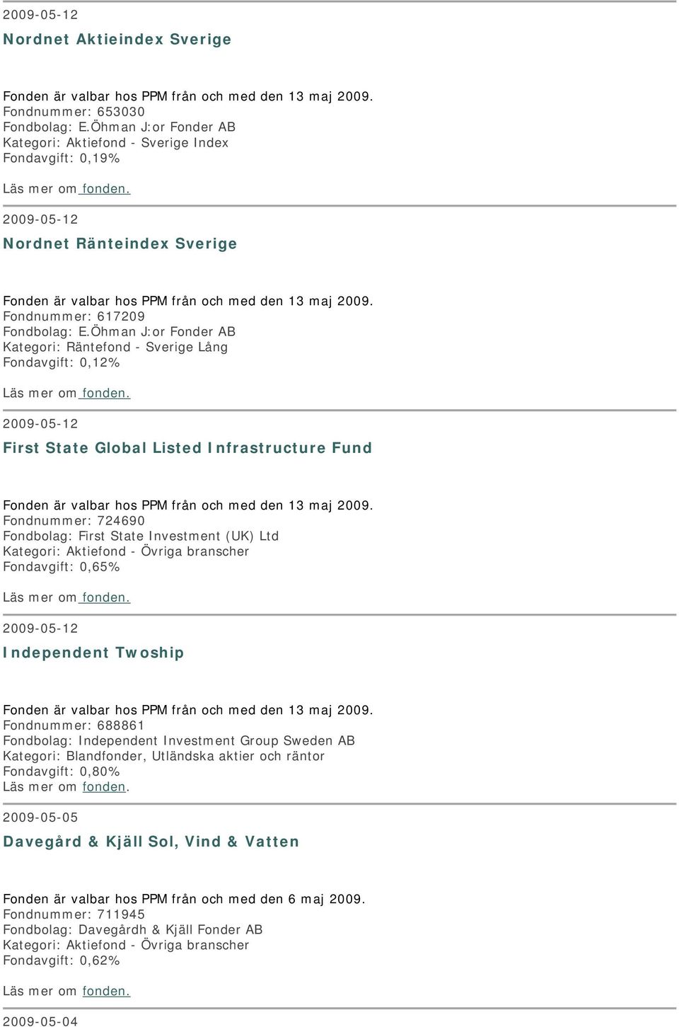 Öhman J:or Fonder AB Kategori: Räntefond - Sverige Lång Fondavgift: 0,12% 2009-05-12 First State Global Listed Infrastructure Fund Fonden är valbar hos PPM från och med den 13 maj 2009.